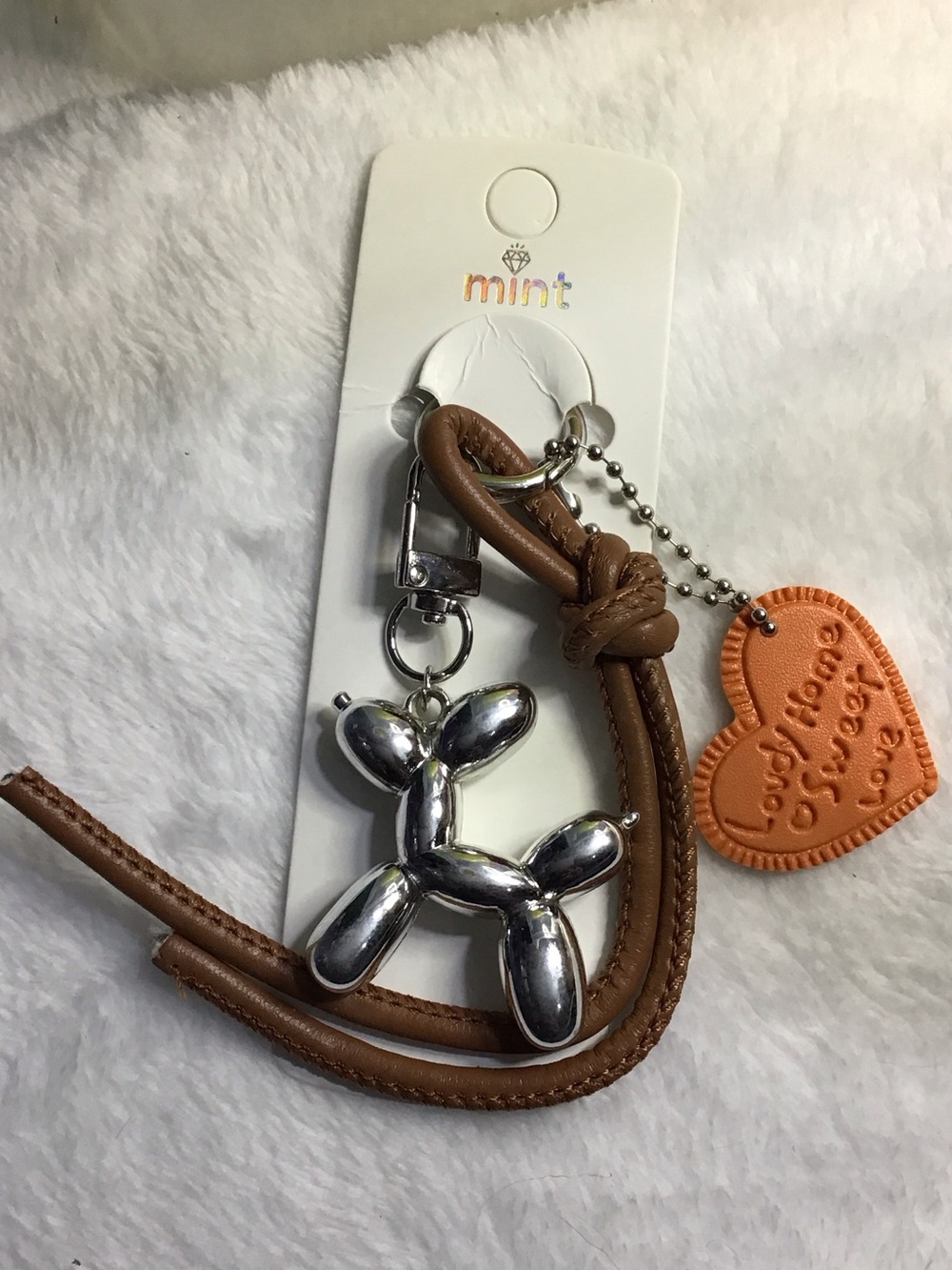 Mint Silver Balloon Dog Keychain with Brown Loop and Orange Heart Charm